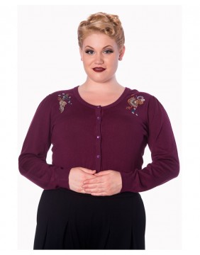 Cardigan purple with peacocks label Banned front