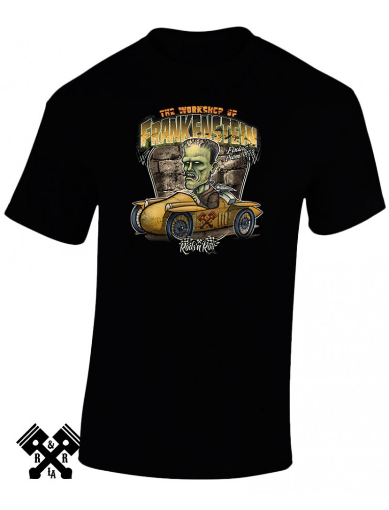 Camiseta negra Creeprunners Frankenstein para hombre de la marca Rods 'N' Roll