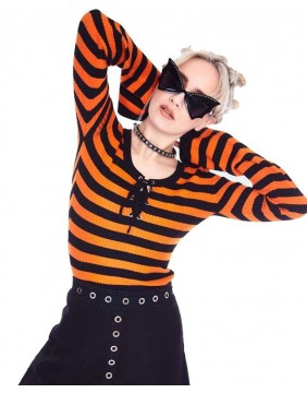 Orange Stripe Knitted Top With Front Tie, detail front