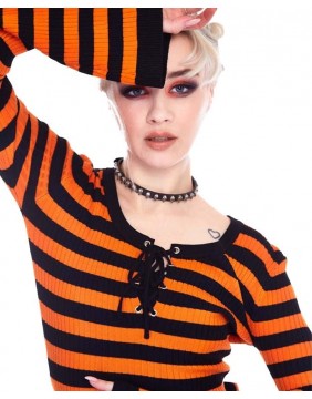 Orange Stripe Knitted Top With Front Tie, detail model