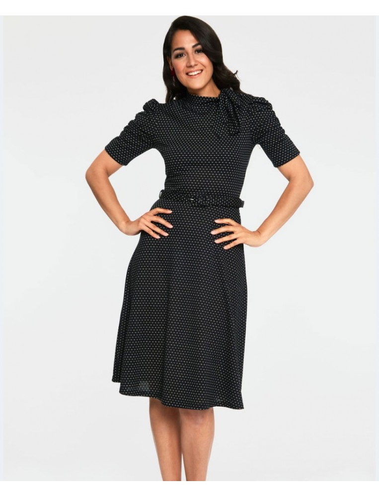 Posie Black Polka Dot Tie-neck Flared Dress, front view